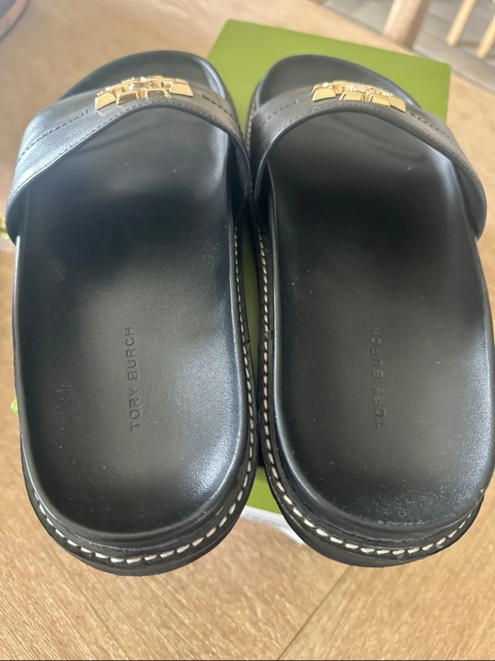 Tory Burch Black Leather Slide Sandals with Gold Logo Accent - Picture 5 of 10
